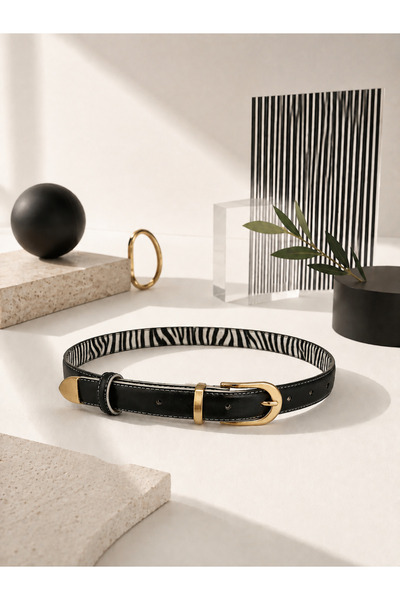 DERİMAY Women's 2.5 cm Zebra Pattern Black Belt with Inner Detail, Gold Buckl...