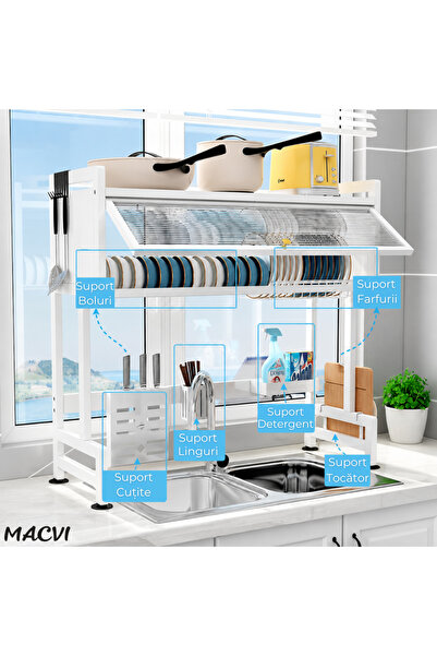 MACVI Over-Sink Dish Drying Rack 95 cm, White, 3-Tier Metal Kitchen Organizer