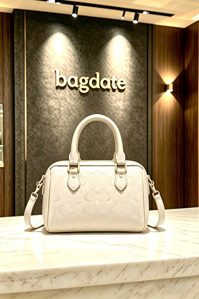bagdate Beige Embossed Mini Boston Handbag, Gold Hardware Top Handle Purse