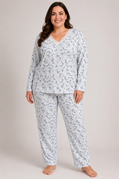 CottonVia Mother's Pajama Set, Cotton, Lace V-Neck, Long Sleeve, Ecru & Light...