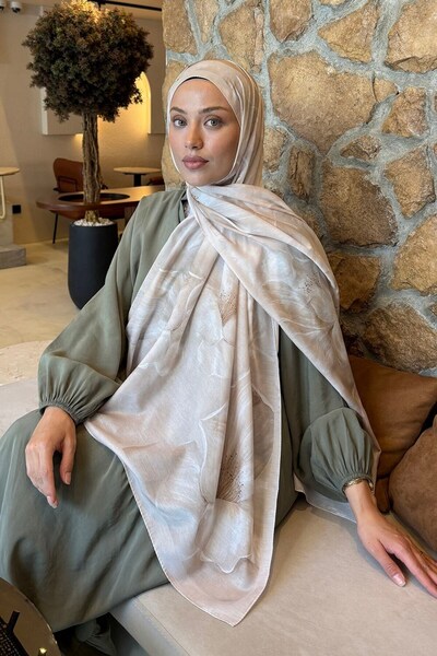 lamelif Floral Pattern Lara Soft Shawl Beige