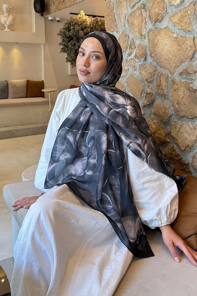 lamelif Floral Pattern Lara Soft Shawl Black