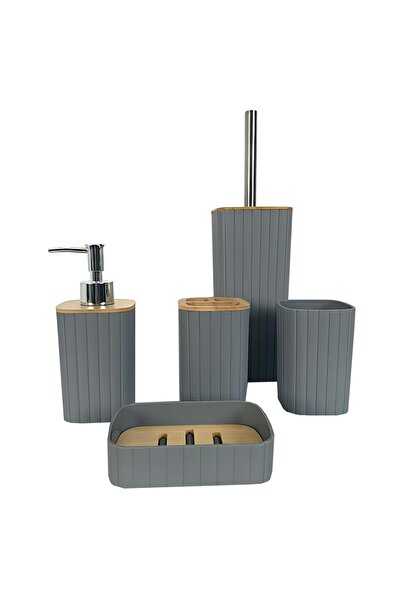 Teno 5-Piece Bathroom Accessories Set, Minimalist Gray with Bamboo Details
