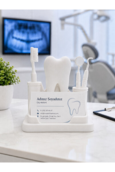 Diş Hekimi Kartvizitlik ve Masaüstü Organizer – Diş Figürlü Dental Klinik Kartvizit Standı