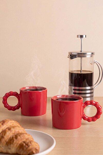 Rivaİstanbul Red Pearl Mug Set with Handles - 2 Pieces