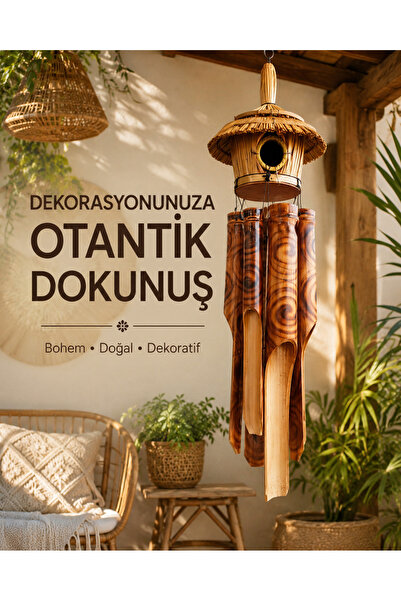 METTREND Dekoratif Bambu Ahşap Rüzgar Çanı 60 cm El Yapımı Görünümlü Asma Bah...