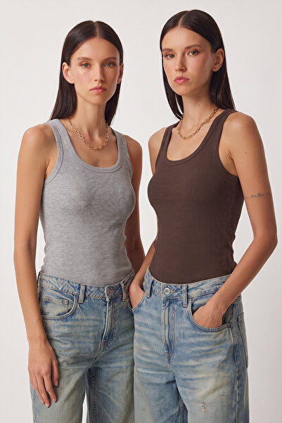 Lovelyİstanbul 2-Piece Ribbed Thick Strap Knitted Undershirt Lhj0002 Gray Brown