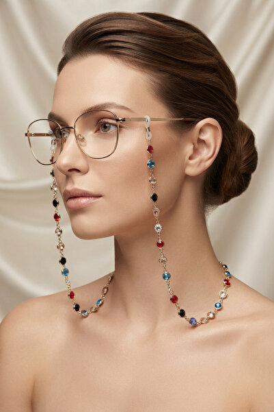 PETEK AKSESUAR Elegant Round Colorful Stone Brass Glasses Chain