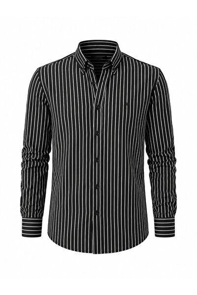 Erkek Siyah Beyaz Çizgili Slim Fit Uzun Kollu Gömlek