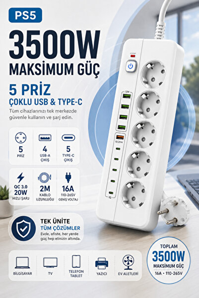 Merwish Akım Korumalı Çoklu Priz 3500W 16A 5 Topraklı Priz 4 USB-A 5 Type-C Q...