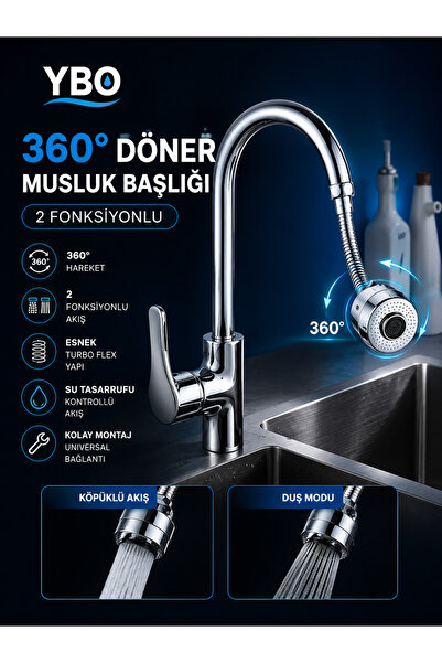 YBO 360° Döner Musluk Başlığı Esnek Turbo Flex 2 Fonksiyonlu Basınçlı Tasarru...