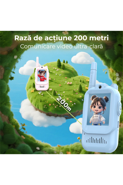 OEM Walkie-Talkie video pentru copii, set 2 stații, apel video Wi-Fi, ecran HD 2.0", rază 200m