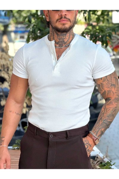 manch collection Yakası Düğmeli Slim Kalıp Fitilli Tshirt