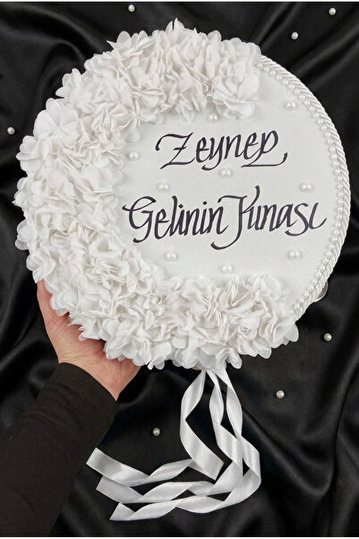 ZEYMERADE Beyaz Gelin Tefi, Kordonlu İncili Ve Lazer Çiçek Süslemeli 30cm, Dü...