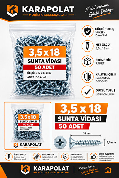 KARAPOLAT 3,5x18 mm Sunta Vidası 50 Adet Mobilya Ahşap MDF Sunta Vidası