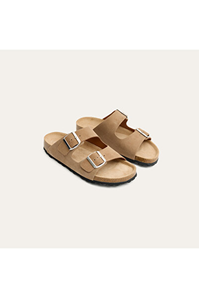 Mudo Women's Mink Color Double-Strapped Leather Slippers