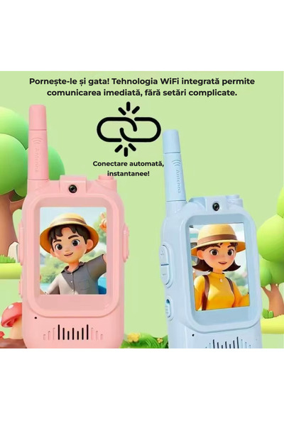 OEM Walkie-Talkie video pentru copii, set 2 stații, apel video Wi-Fi, ecran HD 2.0", rază 200m