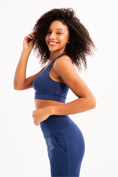 JUSTEVER Lightly Supported, Removable Padded, Navy Blue Women's Sports Bra with Back Detail - Surge