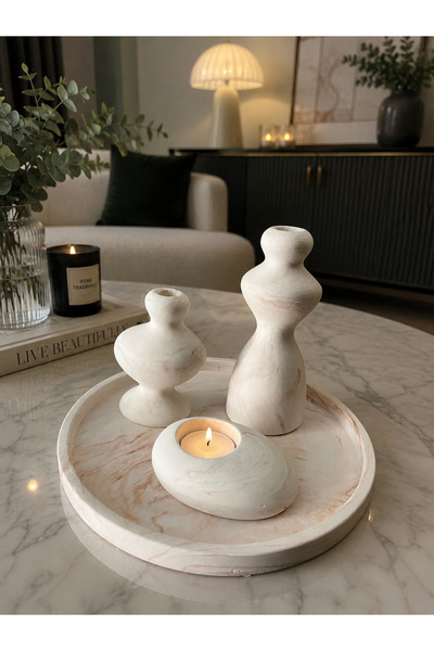Sisay Home Dekoratif Mermer Desenli Tepsi ve Mumluk Seti – 2’li Dekoratif Vaz...