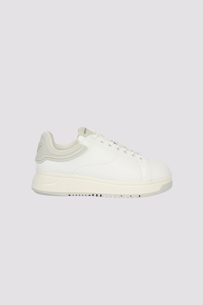 Emporio Armani Men's Lace-Up Medium Thick Sole Leather White-Grey Sneaker