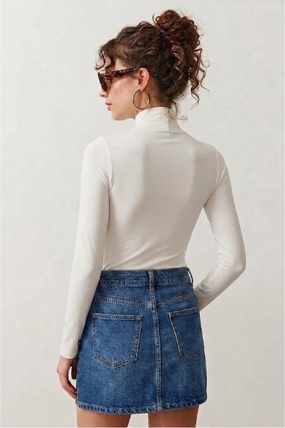 AÇELYA TEKSTİL Drawstring High Collar Body-Fitting Stretchy Knitted Luxury Women's T-Shirt
