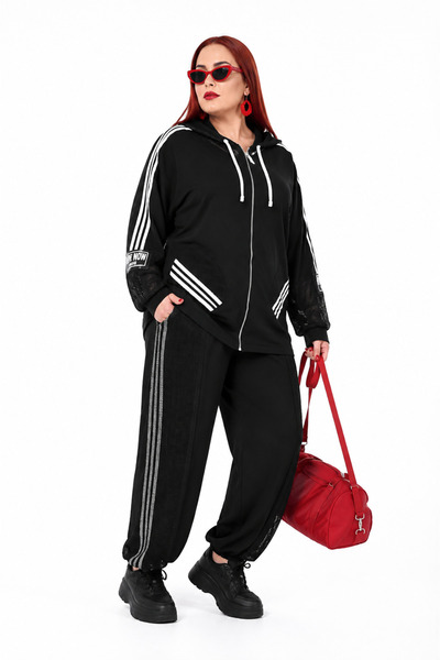 DARKWIN Large Size Oversized Hooded Zippered Mesh Detailed Striped Viscose El...