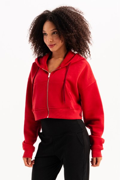 JUSTEVER Crop Hooded Zippered Kangaroo Pocket Raised Hoodie Red Women's Sweatshirt - Lumen