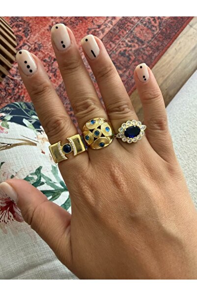 My Joyas Design 14K Altın Kaplama Üzeri Küçük Lacivert Taşlı Yüzük Gold