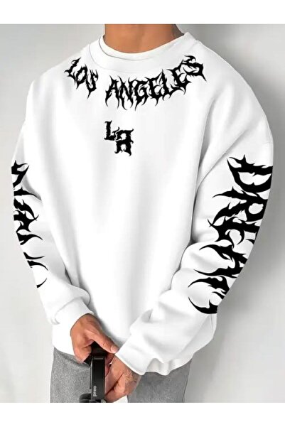 ZAVIXO Oversize Sweatshirt Los Angeles Gotik Tribal Kol Baskılı Bisiklet Yaka...