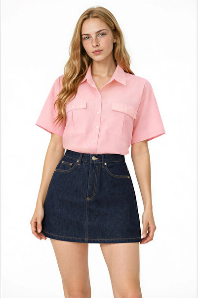 Trend Alaçatı Stili Women's Pink Double Pocket Half Sleeve Linen Shirt ALC-X9991