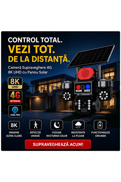 OEM Cameră Supraveghere Triplă WiFi 4K 9MP, Night Vision Color, PTZ, Sirenă, ...
