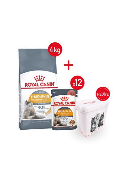 Royal Canin Hair&Skin - Kuru Kedi Maması + Yaş Mama 12x85 gr + Saklama Kabı H...