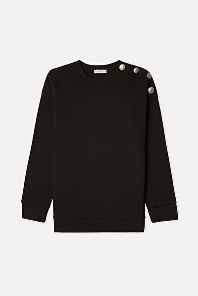 Mudo Women's Brown Button Detailed Loose Fit Crew Neck Sweatshirt