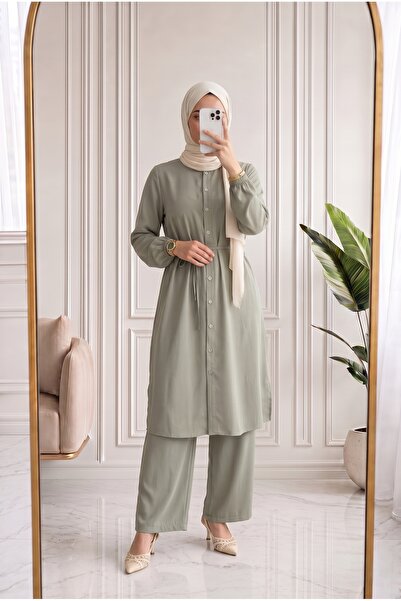 Holehola Fergül Hakim Collared Tunic Long Pants Set-Ey963 Green