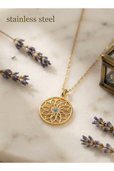 stainless steell 316L Steel Chain Gold Color Chain Blue Stone Lotus Model Nec...