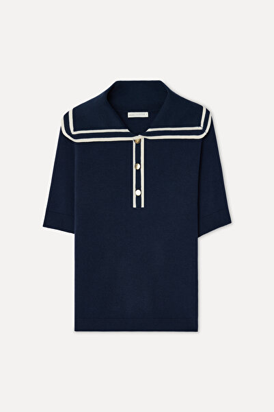 Mudo Women's Navy Blue Buttoned Sailor Collar Short Sleeve Sweater