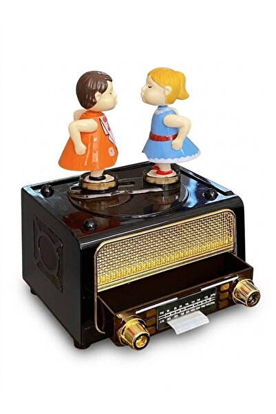 İmza Çiçek & Hediye Hareketli Öpüşen Çift Tasarımlı Nostaljik Radyo Görünümlü Kurmalı Müzik Kutusu ve Takılık
