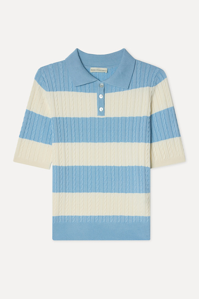 Mudo Women's Blue Striped Polo Collar Short Sleeve Knit Sweater