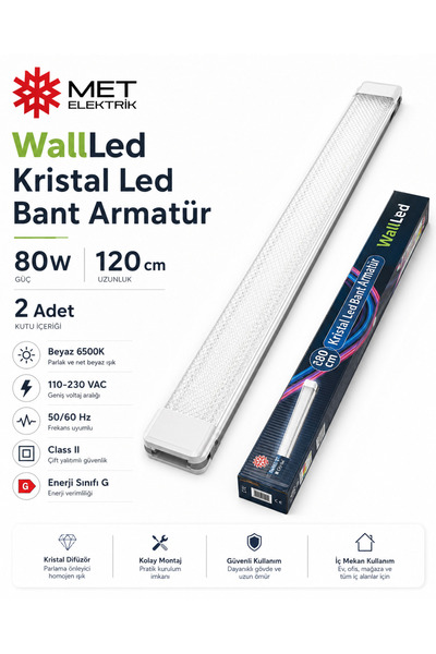 WALLED WallLed 80W 120 cm Kristal LED Bant Armatür 6500K Beyaz Işık 2 Adet