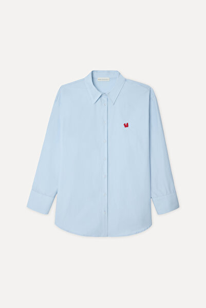 Mudo Women's Blue Embroidered Oversize Long Sleeve Shirt