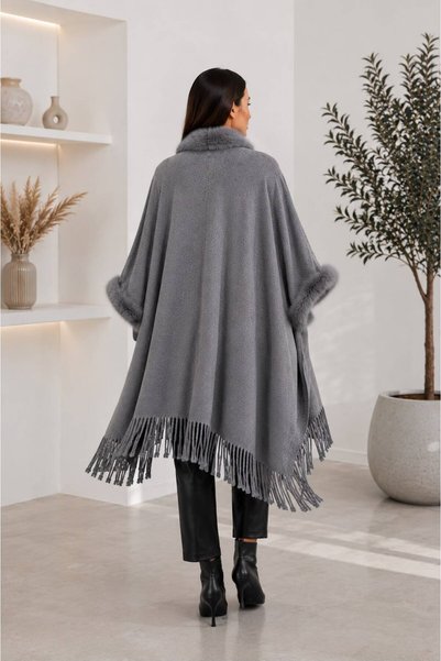 Generic Brand Women's Knitwear Poncho with Fur Detail and Tassels, Shawl Collar Poncho