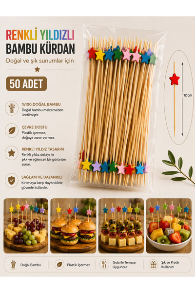 antpap ambalaj Renkli Yıldızlı Bambu Kürdan 12 cm – 50 Adet