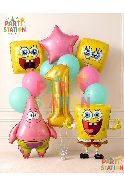 Parti Station Spongebob Balloon & Patrick Balloon Set 1 Year Old - 12 Piece S...