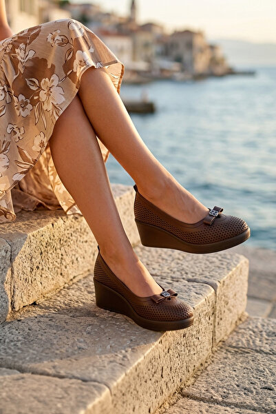 Erkan Saçmacı Midas Brown Perforated Genuine Calfskin Ribbon Round Toe Wedge ...