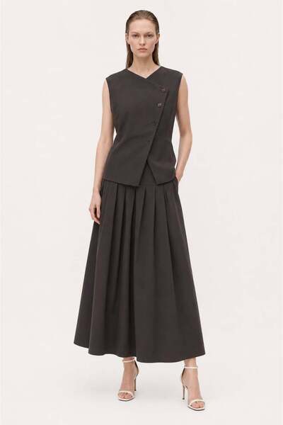 HAKKE Double-Breasted Collar Belted Vest and Skirt Set