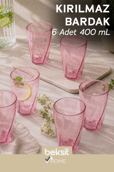 BEKSİT HOME Glassy Kırılmaz Polikarbon 6'lı Bardak Pembe (400 ml)
