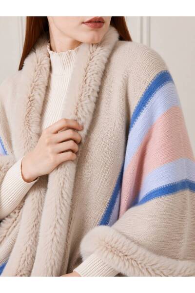 HIRA CO. Women's Outerwear Knitwear Poncho with Fur Detail and Tassels, Shawl...