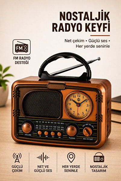 Abbruch Nostaljik Bluetooth Radyo Saatli Retro Tasarım FM Radyo USB TF Kart D...