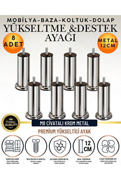 KAYRA LEATHER CRAFT 8 Adet 12 Cm M8 Vidalı Metal Krom Ayak Mobilya Ayağı Baza...