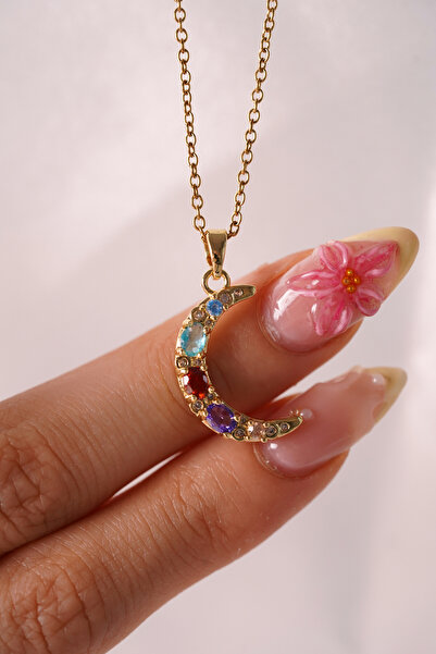 AŞIK ACCESSORIES Steel Color Stone Crescent Moon Necklace